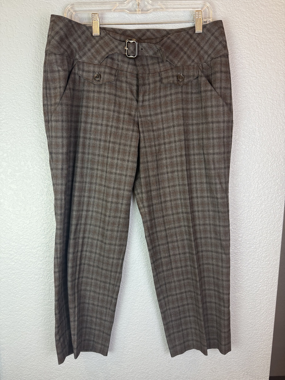 Cartonnier Pants Womens 12 Brown Plaid Wide Leg Belted Wool Blend Anthro Career